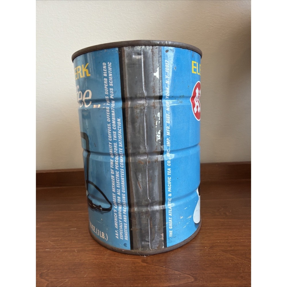 Vintage A P Metal Coffee Can Tin Electric Perk 1 lb Teal Blue - Picture 5 of 7